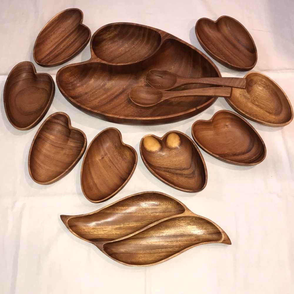 Vintage Monkey Pod Wood Salad Set /w Large 2 Side Bowl-8 Salad Bowls Fork&Spoon